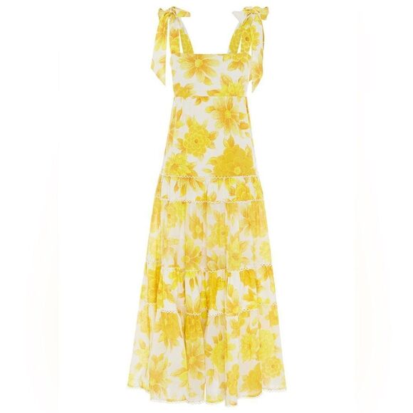 NEW Alemais Sonny Tiered Linen Midi Dress Size 6 (US) Lemon Yellow Floral - Picture 2 of 8